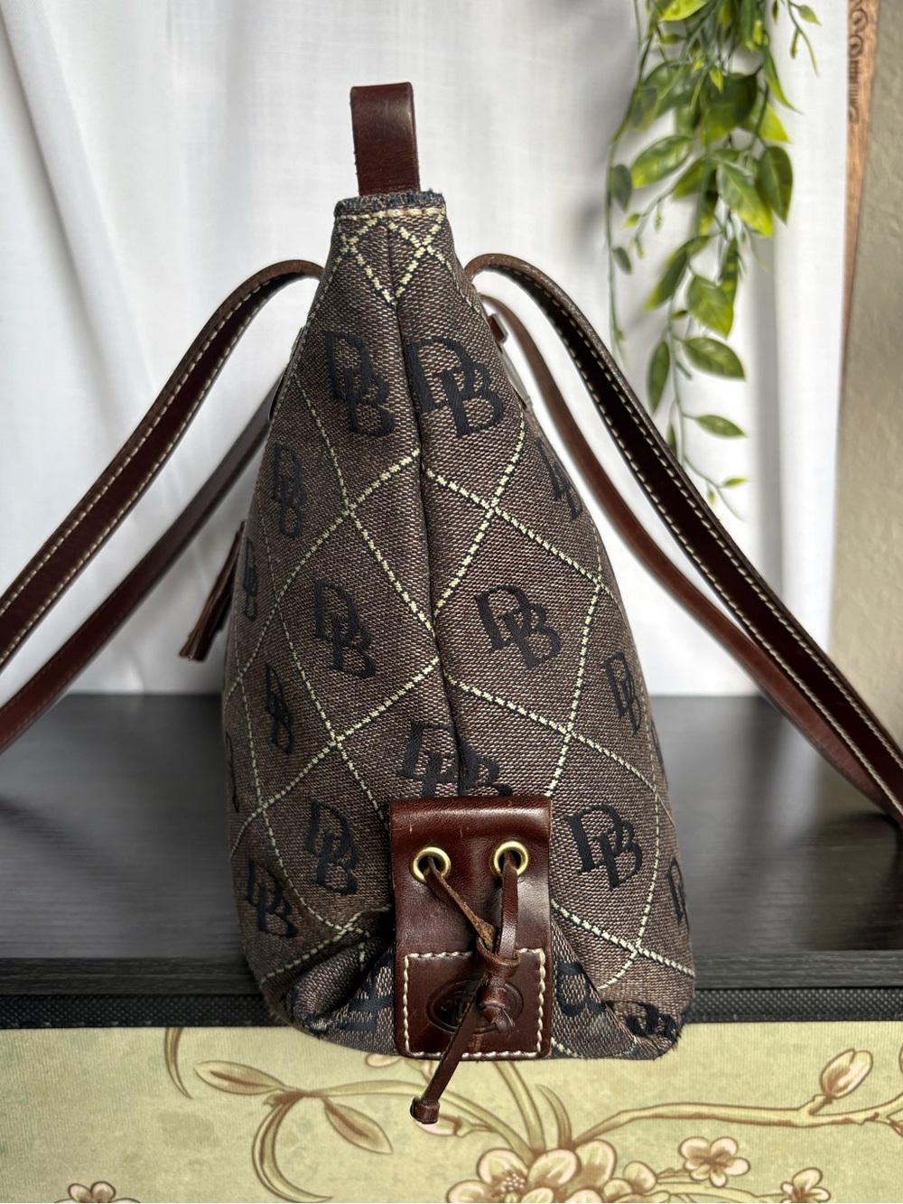 Vintage Dooney & Bourke Monogram Canvas Drawstring Shoulder Tote Bag Brown - Picture 4 of 10